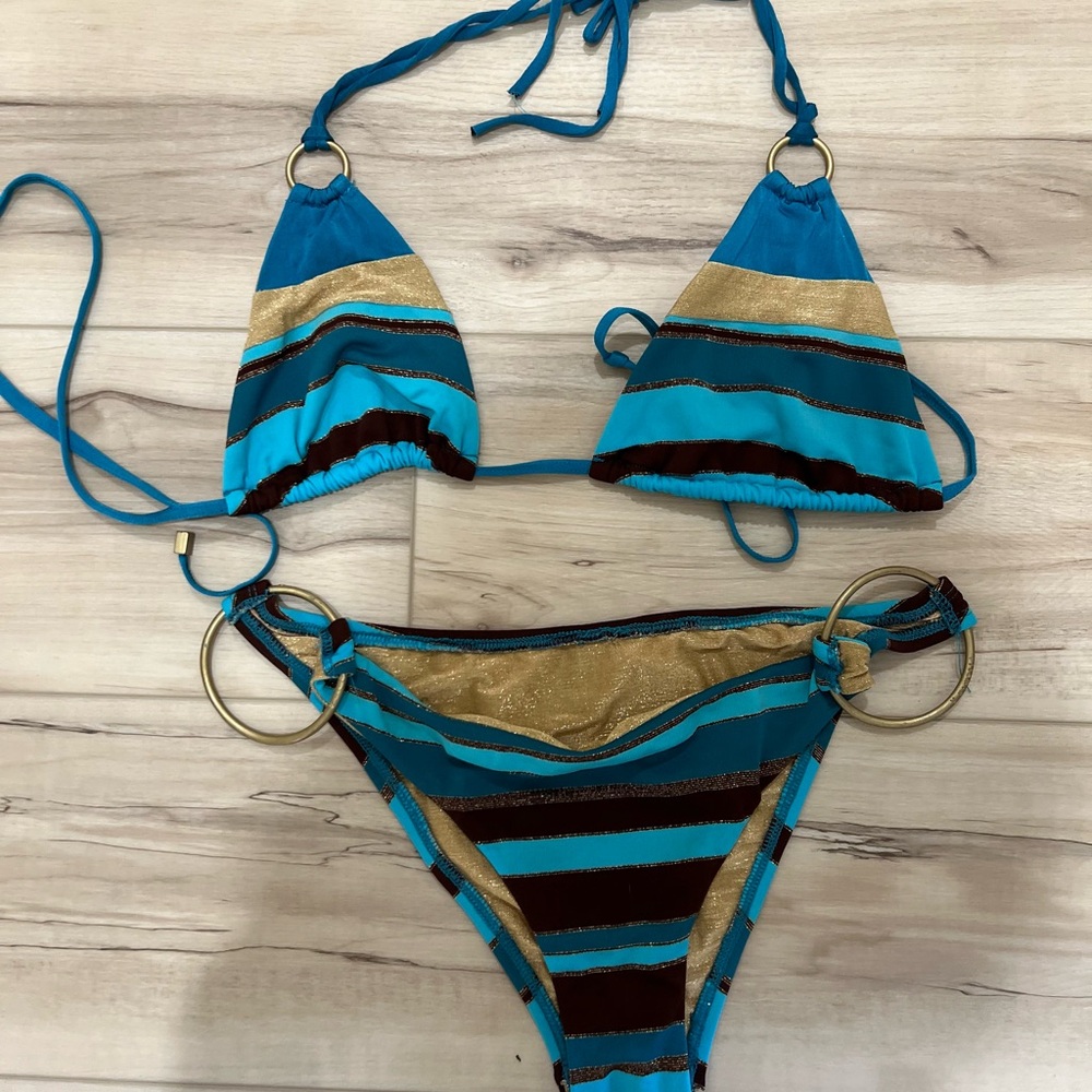 VITAMIN A Blue, brown and Gold shimmer Striped Bikini Set